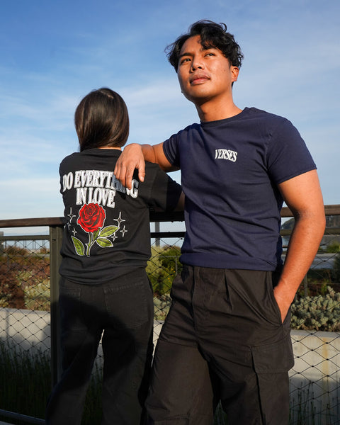 Black and Navy Do Everything In Love Big Rose Christian Faith Streetwear T-Shirt, Made in the USA 